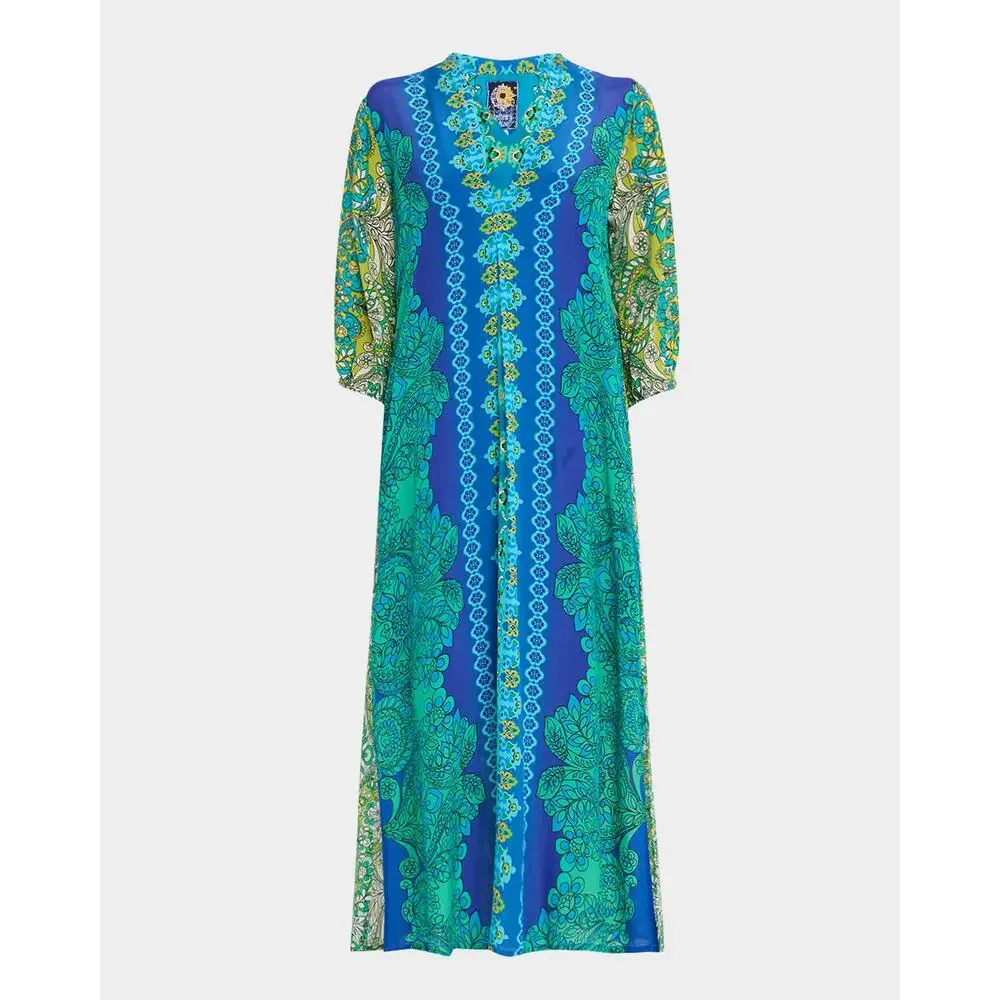 Johnny Was 100% Silk Kahinu Kaftan Boho Arstsy Maxi Dress Blue Green S NWT - Picture 1 of 10